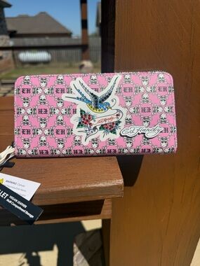 NWT Ed Hardy Pink and White Skull Rhinestone Bird Wallet